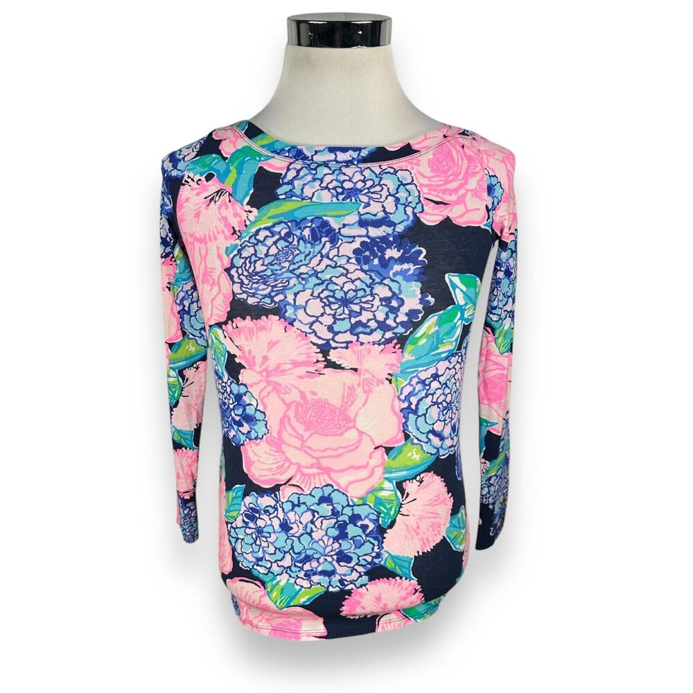Lilly Pulitzer Aleah Top Womens 2XS XXS Pink Blue High Tide Navy Hey Hey Bouquet